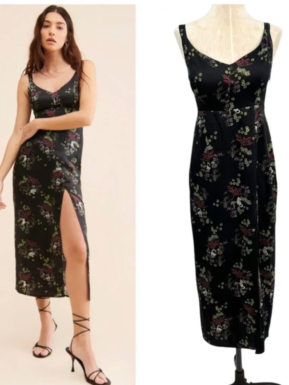 Urban Outfitters Mikayla Floral Midi Dress Cat Print Satin Black size L